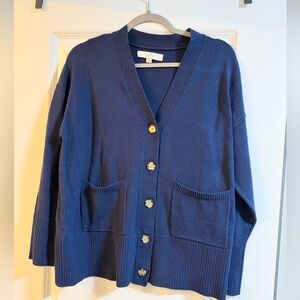 LOFT Women's Deep Blue Cardigan with Gold Buttons